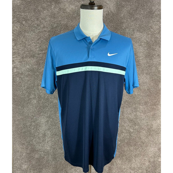 Nike Shirt Mens Large Light Dark Blue Striped Dri-Fit Short Sleeve Pullover - Picture 1 of 6